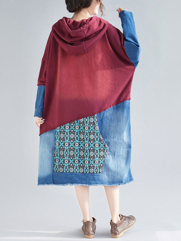 Hooded Long Sleeve Denim Patchwork Pocket Hoodie Midi Dress