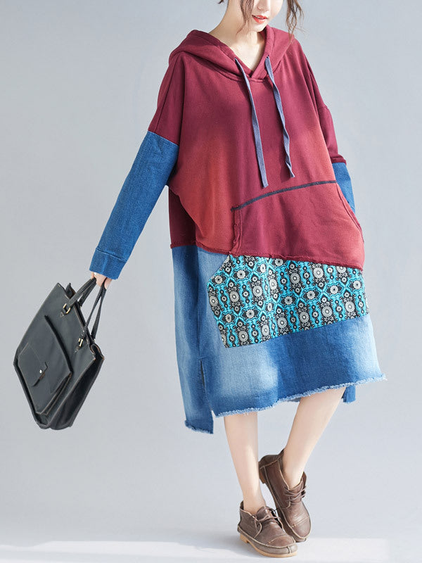 Hooded Long Sleeve Denim Patchwork Pocket Hoodie Midi Dress