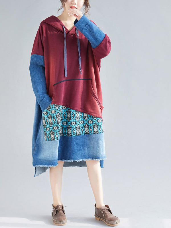 Hooded Long Sleeve Denim Patchwork Pocket Hoodie Midi Dress
