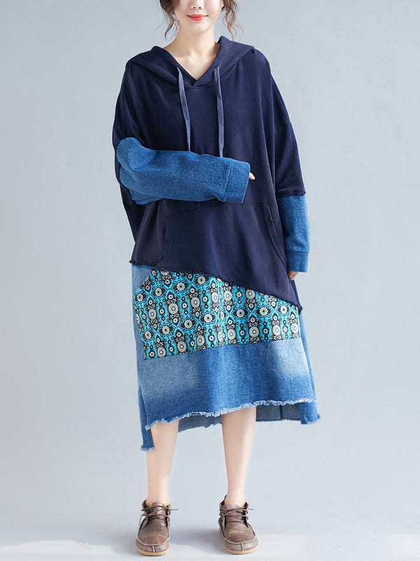 Hooded Long Sleeve Denim Patchwork Pocket Hoodie Midi Dress