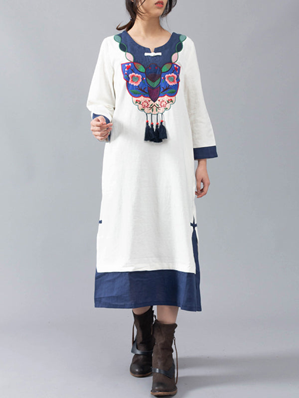 White Round Neck Floral Embroidered Tassel Contrast Trim Linen Midi Dress
