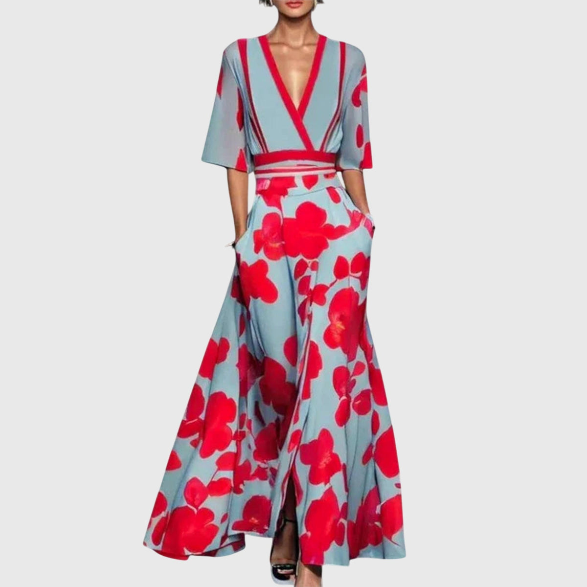 Surplice V-Neck Floral Print Satin Wrap A-Line Maxi Dress
