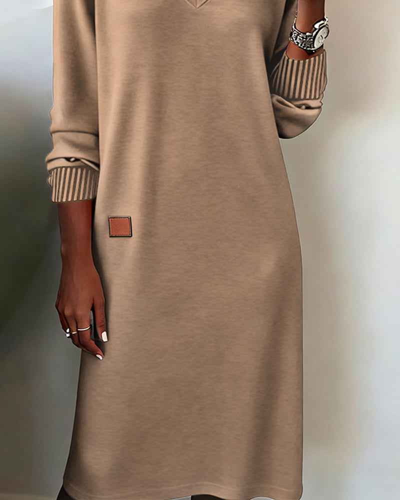 V-Neck Long Sleeve Ribbed Knit Shift Sweater Dress 9
