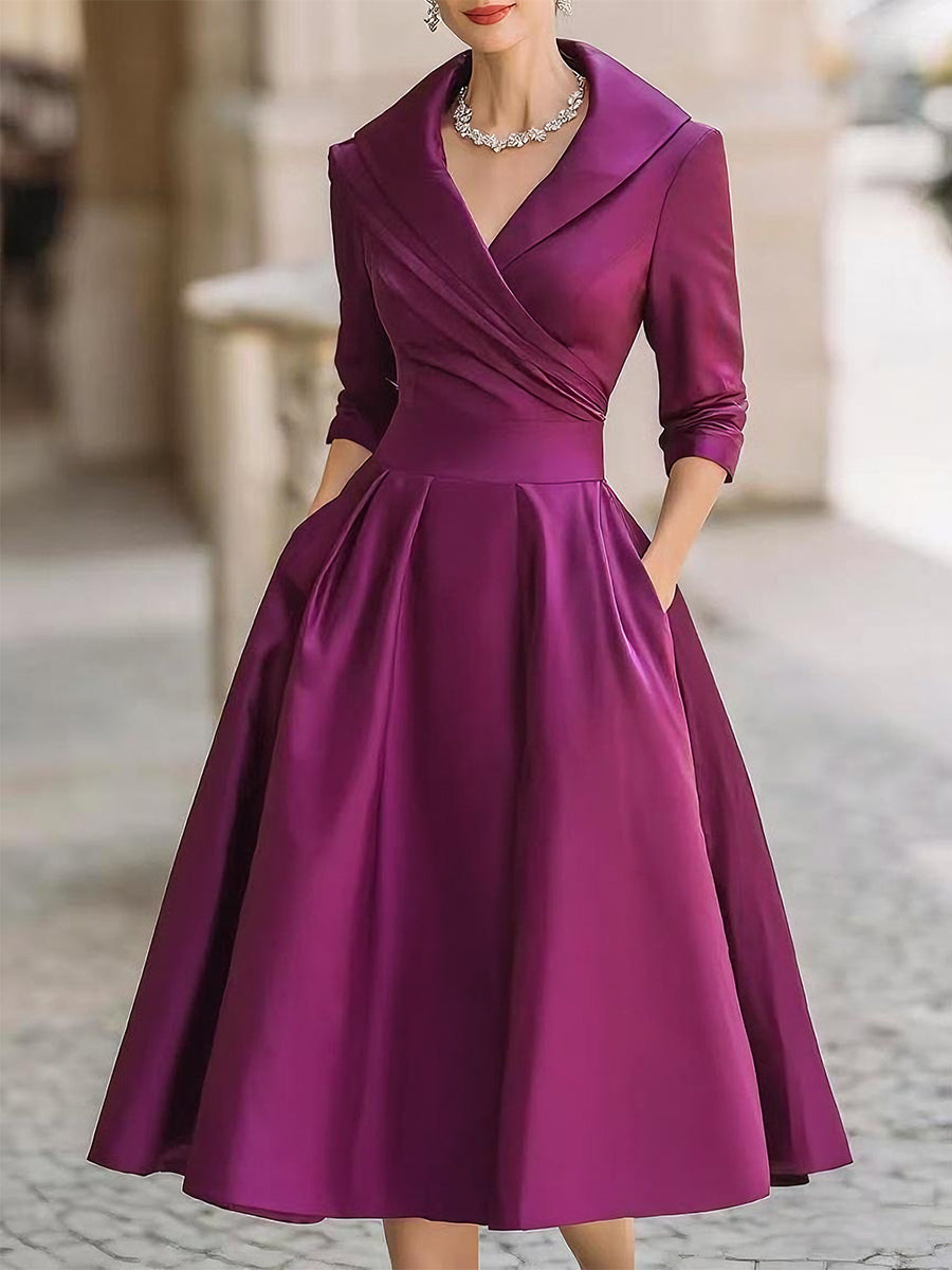 Shawl Collar Wrap Ruched Waist Satin A-Line Midi Dress 6