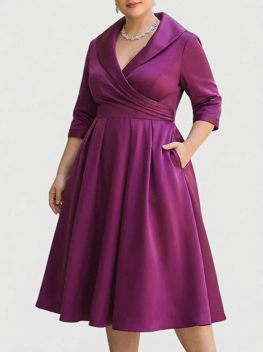 Shawl Collar Wrap Half Sleeve Satin Pleated A-Line Midi Dress 8