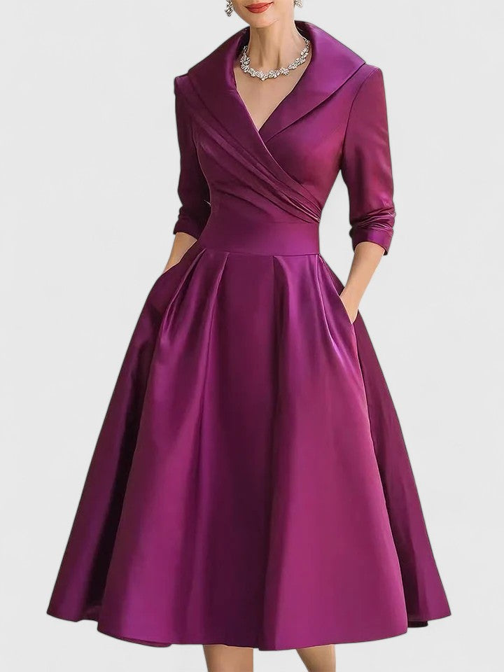 Shawl Collar Wrap Ruched Satin Long Sleeve A-Line Midi Dress