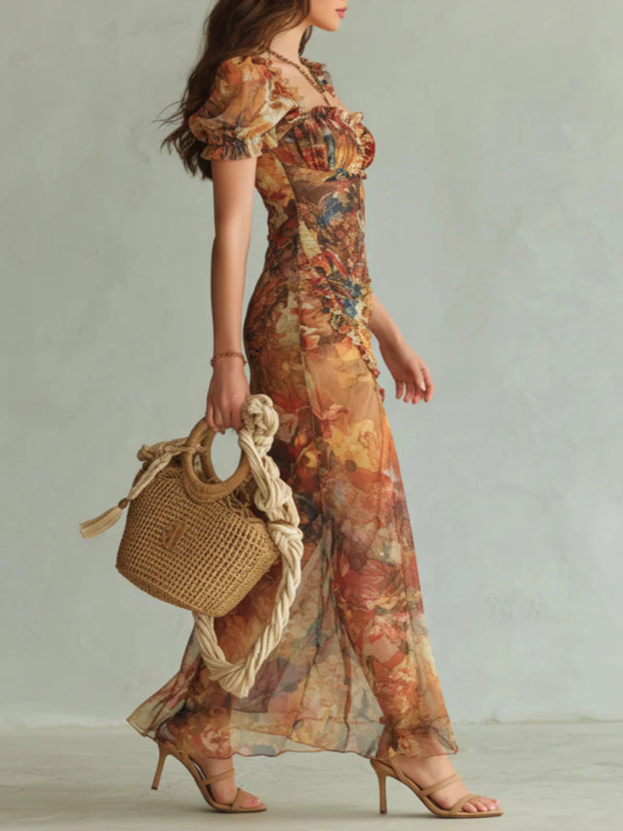 Multicolor Square Neck Puff Sleeve Floral Ruched High Slit Bodycon Maxi Dress
