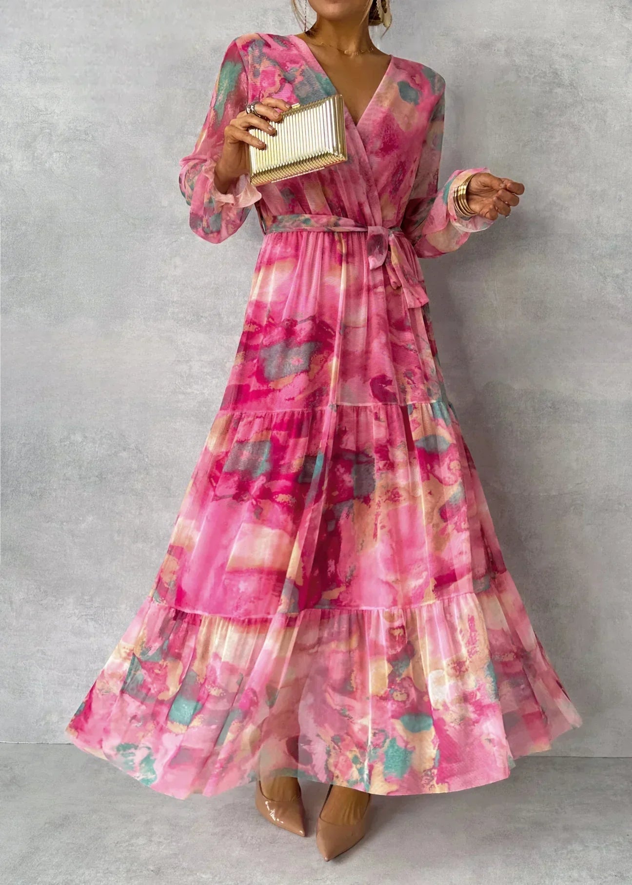Natalie Chic Long Ceremony Dress with Floral Motif Statement Occasion Edit