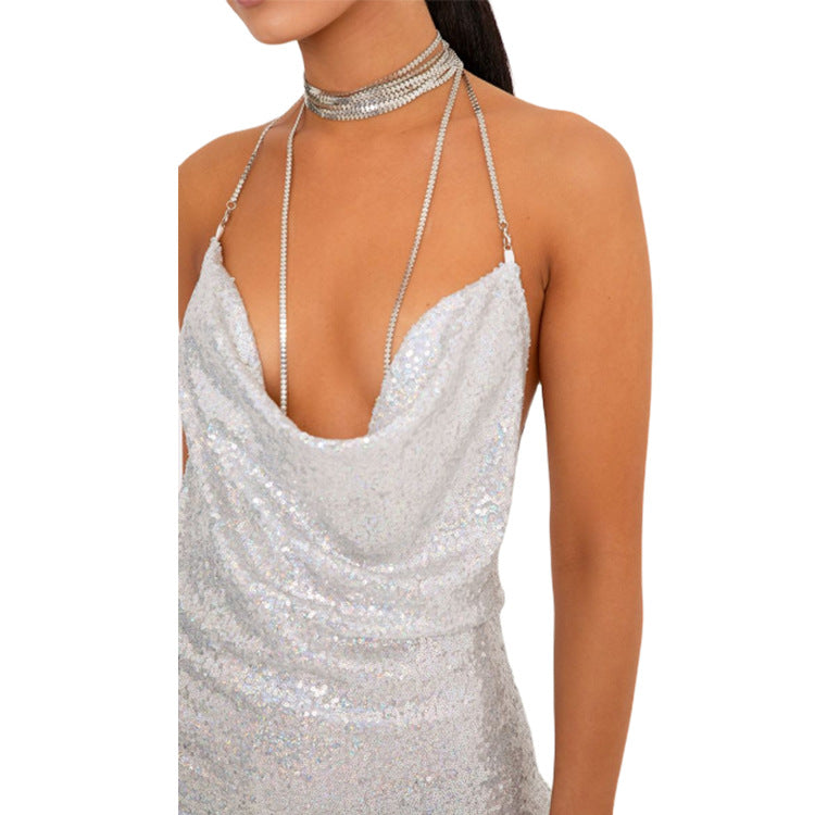 Crystal Strap Cowl Neck Sequin Draped Backless Bodycon Mini Dress