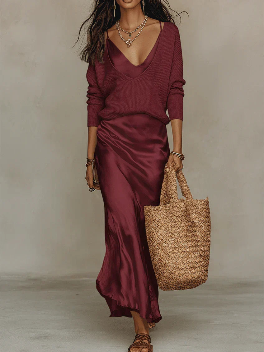 V-Neck Knit Sweater Satin Slip Midi Dress Set 13