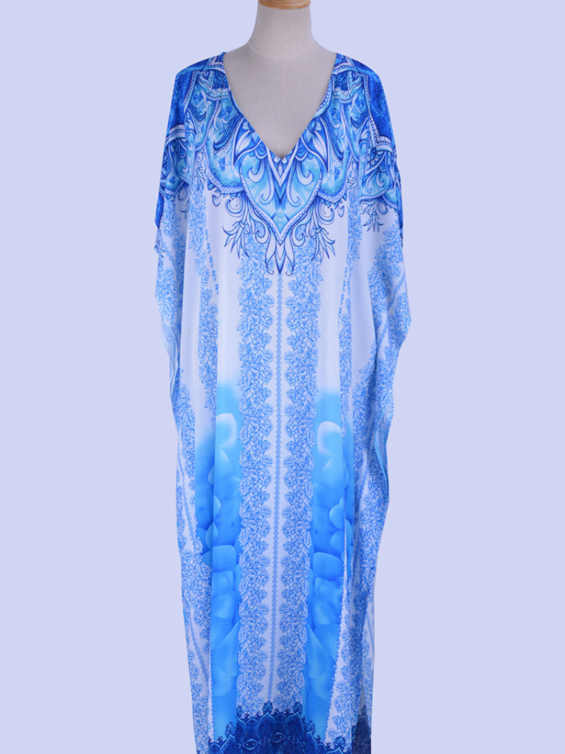 Blue V-Neck Baroque Border Print Batwing Sleeve Kaftan Maxi Dress 4