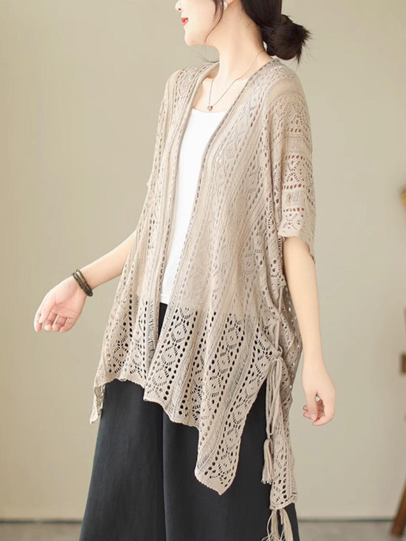 Open Front Short Sleeve Crochet Knit Tassel Tie Cardigan