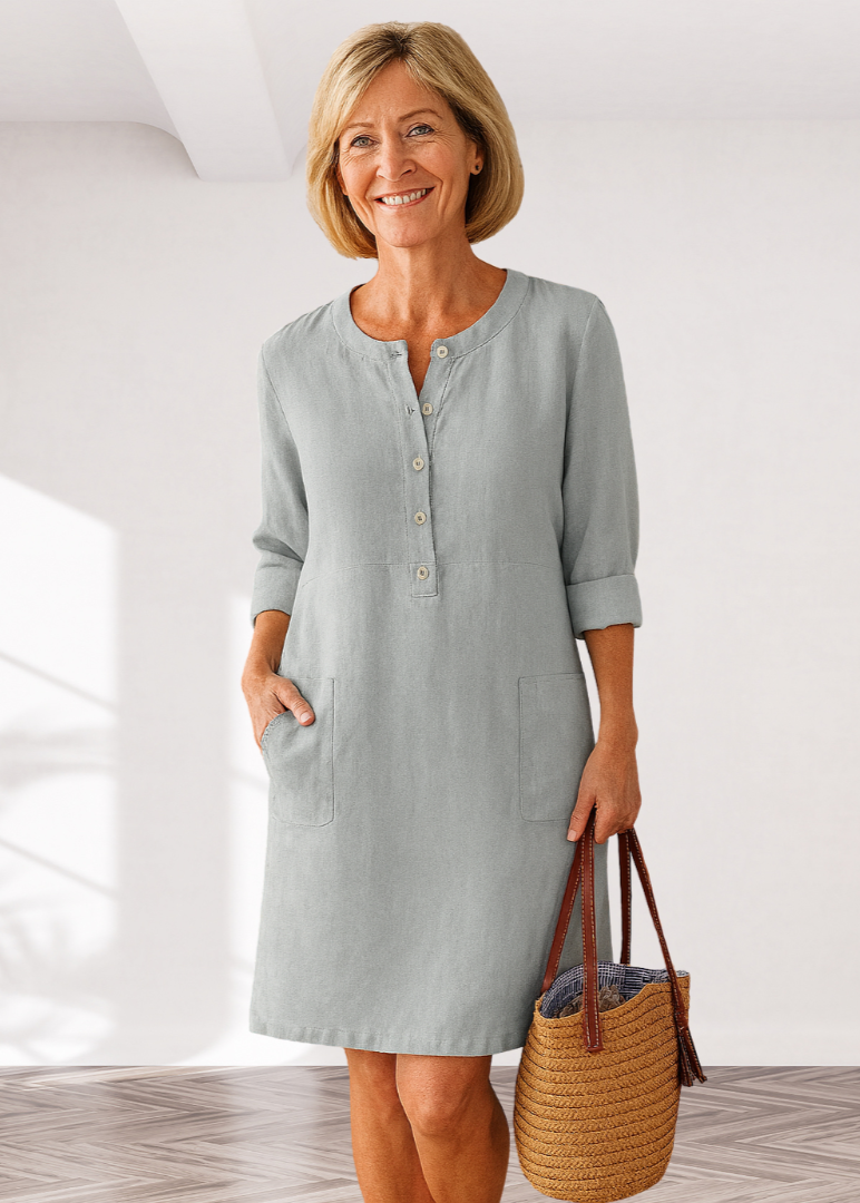 Henley Neck Roll Sleeve Patch Pocket Linen Shift Midi Dress 8
