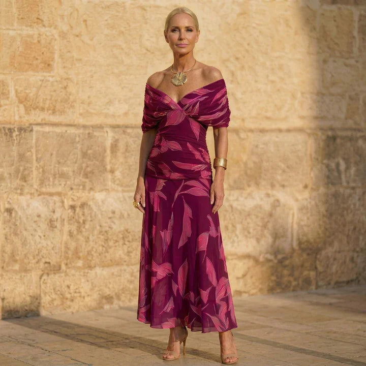 Purple Off-Shoulder Twist Front Leaf Print Ruched Chiffon Maxi Dress