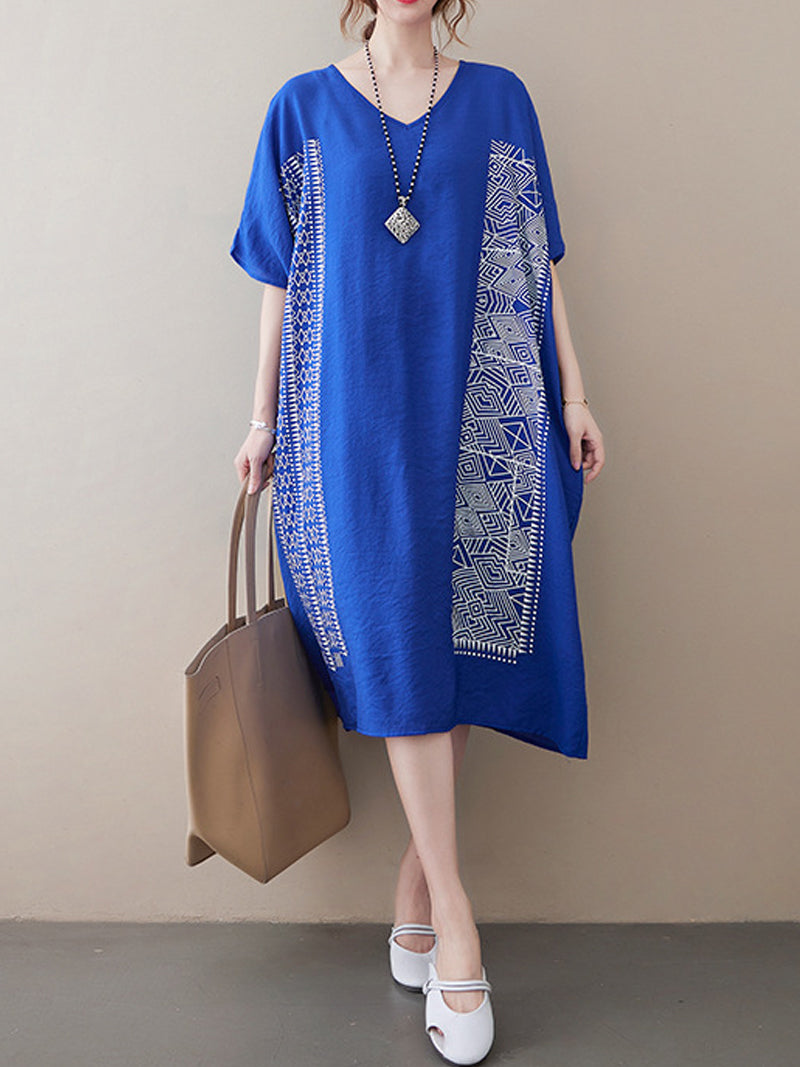 V-Neck Batwing Sleeve Geometric Print Loose Oversized Midi Dress 6