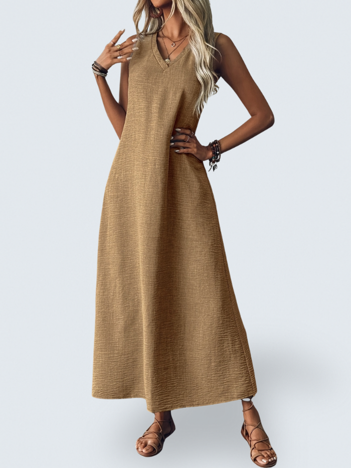 V-Neck Sleeveless Textured Linen A-Line Maxi Dress