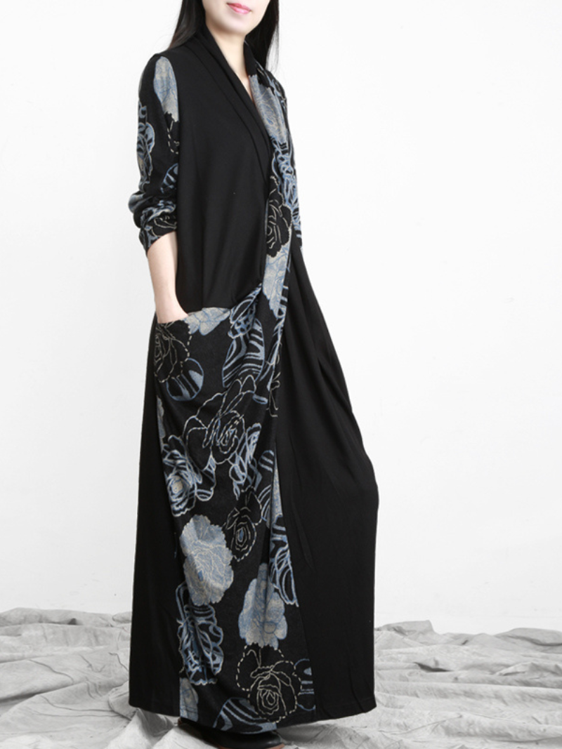 Draped Wrap Front Floral Panel Long Sleeve Loose Maxi Dress 2