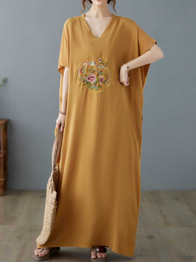Yellow V-Neck Floral Embroidered Medallion Short Sleeve Loose Kaftan Maxi Dress