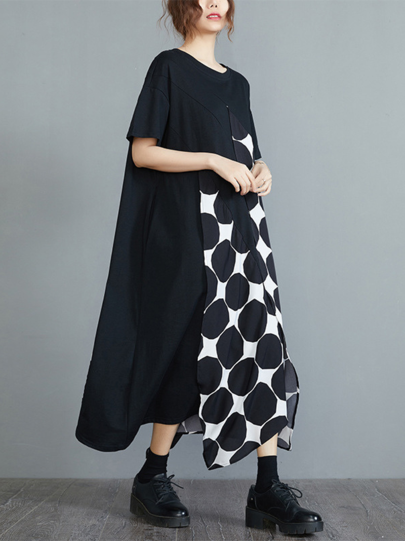 Black Round Neck Polka Dot Patchwork Short Sleeve Loose Maxi Dress 3
