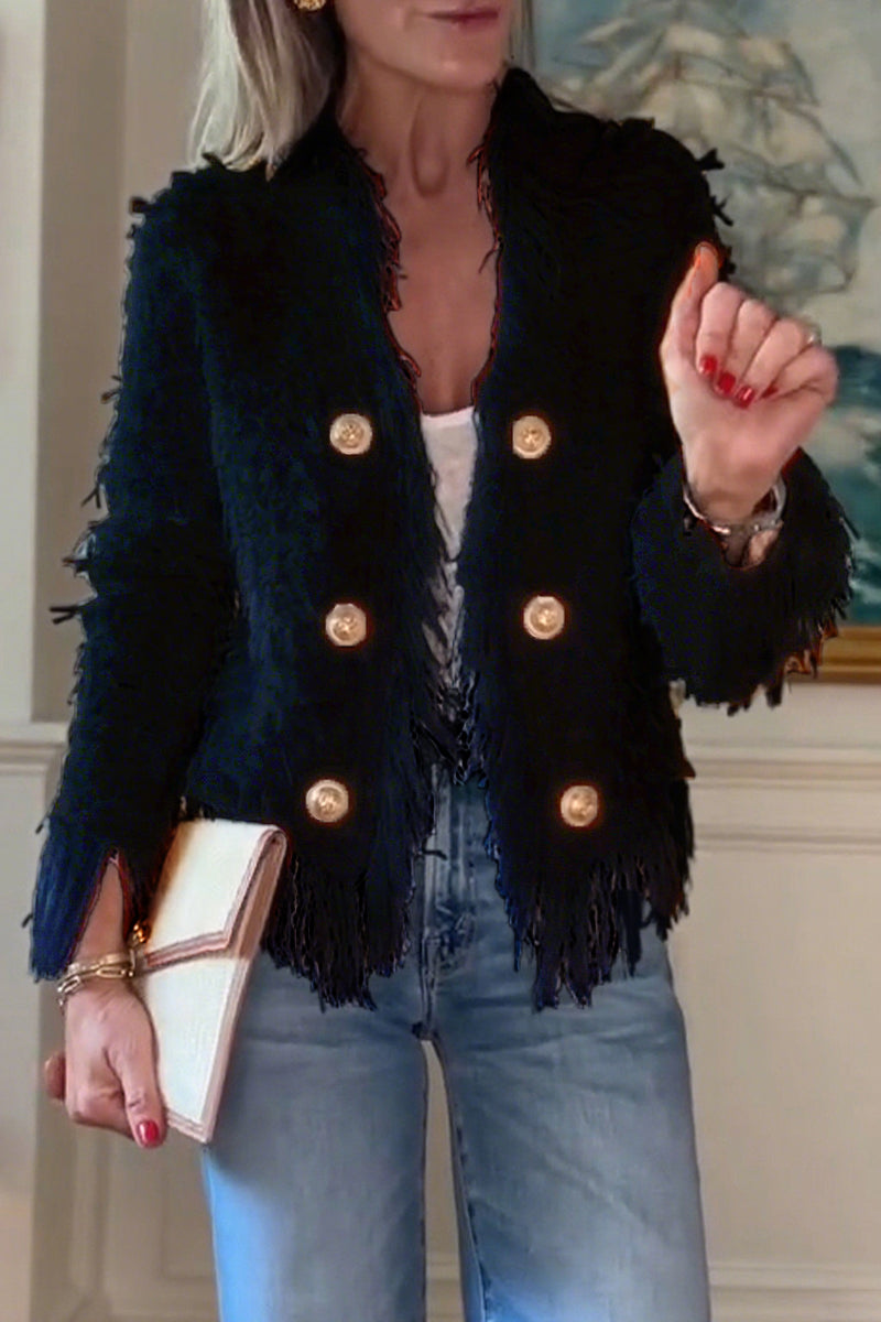 Fringe Trim Tweed Gold Button Cropped Jacket 2