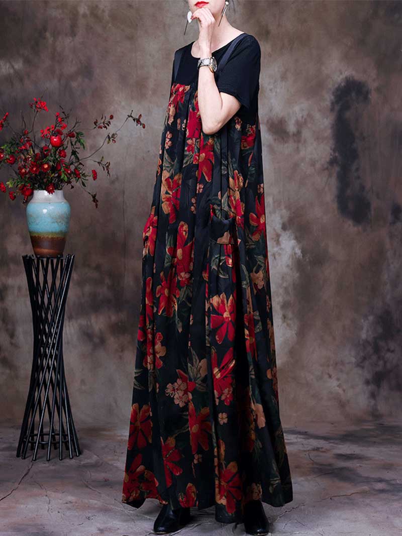 Strap Floral Print Pleated Pocket Loose Pinafore Maxi Dress 9