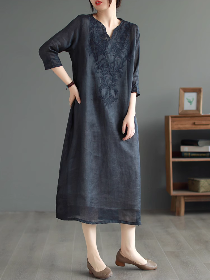 V-Neck Floral Embroidered Long Sleeve Loose Linen Midi Dress 4