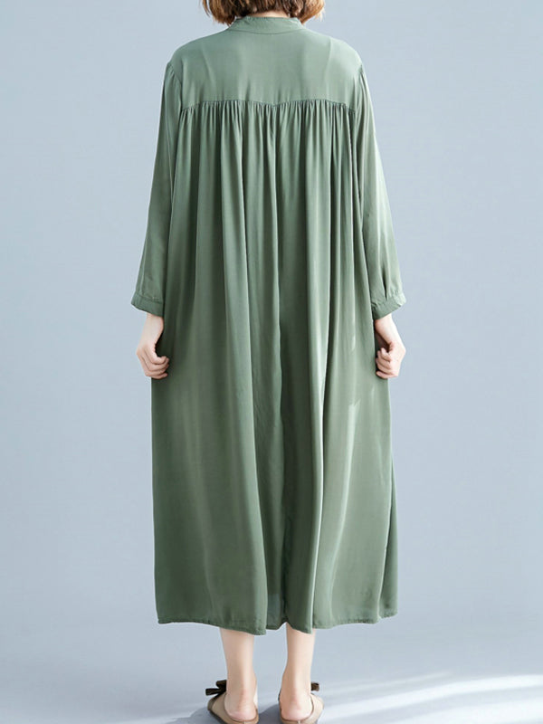 Stand Collar Long Sleeve Button Front Loose Shirt Midi Dress 8