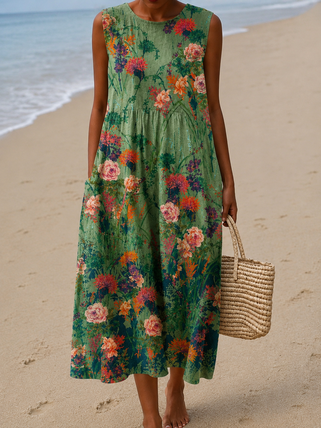 Round Neck Floral Sleeveless Empire Waist Pocket Midi Dress