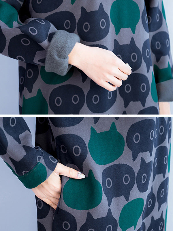 Grey Hooded Cat Print Long Sleeve Oversized Sweatshirt Midi Dress 7