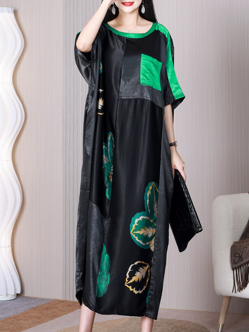 Round Neck Floral Print Satin Batwing Sleeve Loose Maxi Dress 3