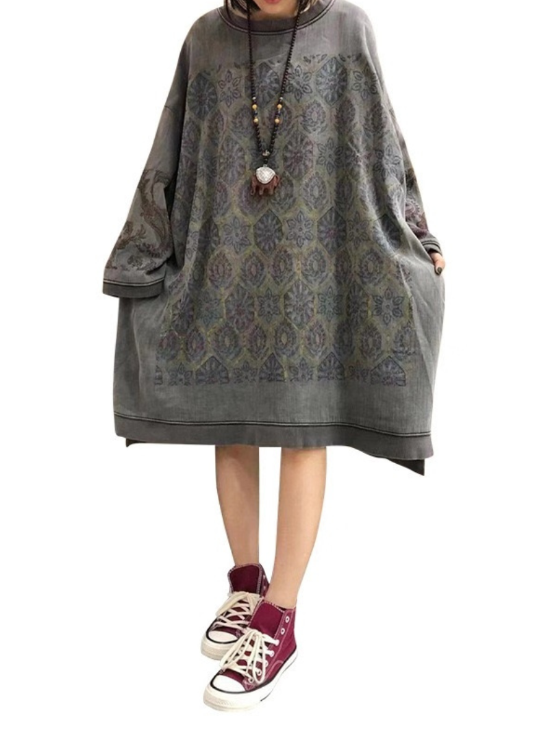 Mock Neck Long Sleeve Damask Print Oversized Sweatshirt Midi Dress 4