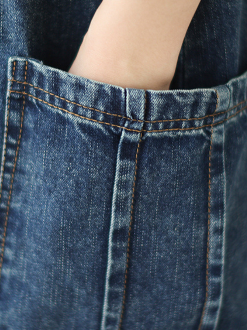 Blue Denim Button Strap Patch Pocket Loose A-Line Pinafore Maxi Dress