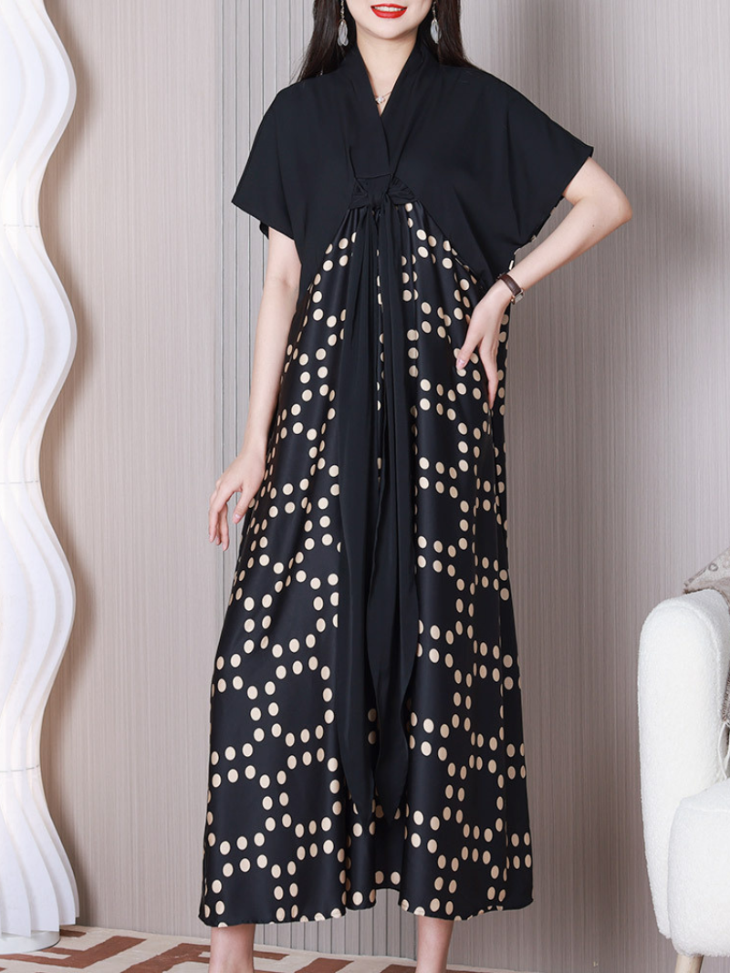 Black V-Neck Tie Front Short Sleeve Polka Dot Loose Maxi Dress 3