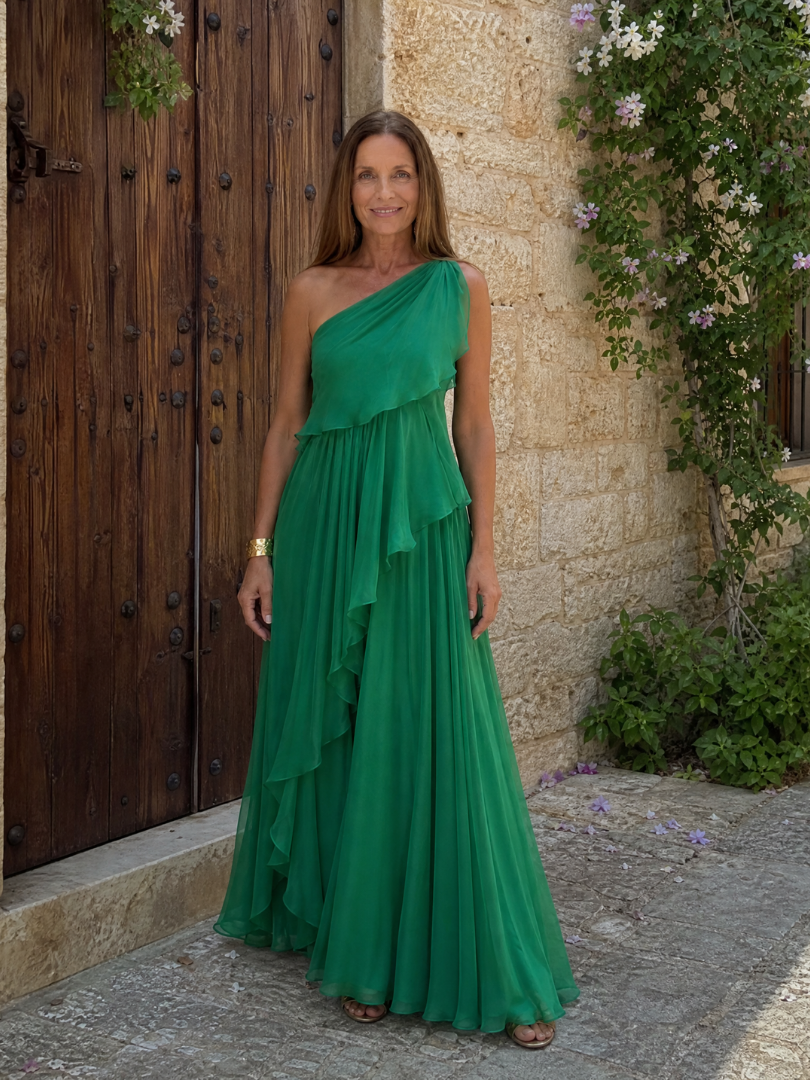 One-Shoulder Chiffon Cascade Ruffle Flowy Maxi Gown 5