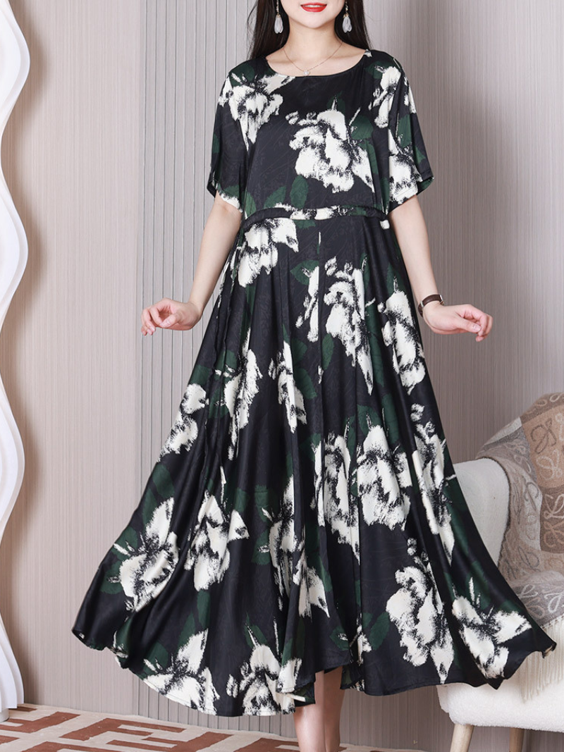 Round Neck Short Sleeve Tulip Floral Empire A-Line Midi Dress 3