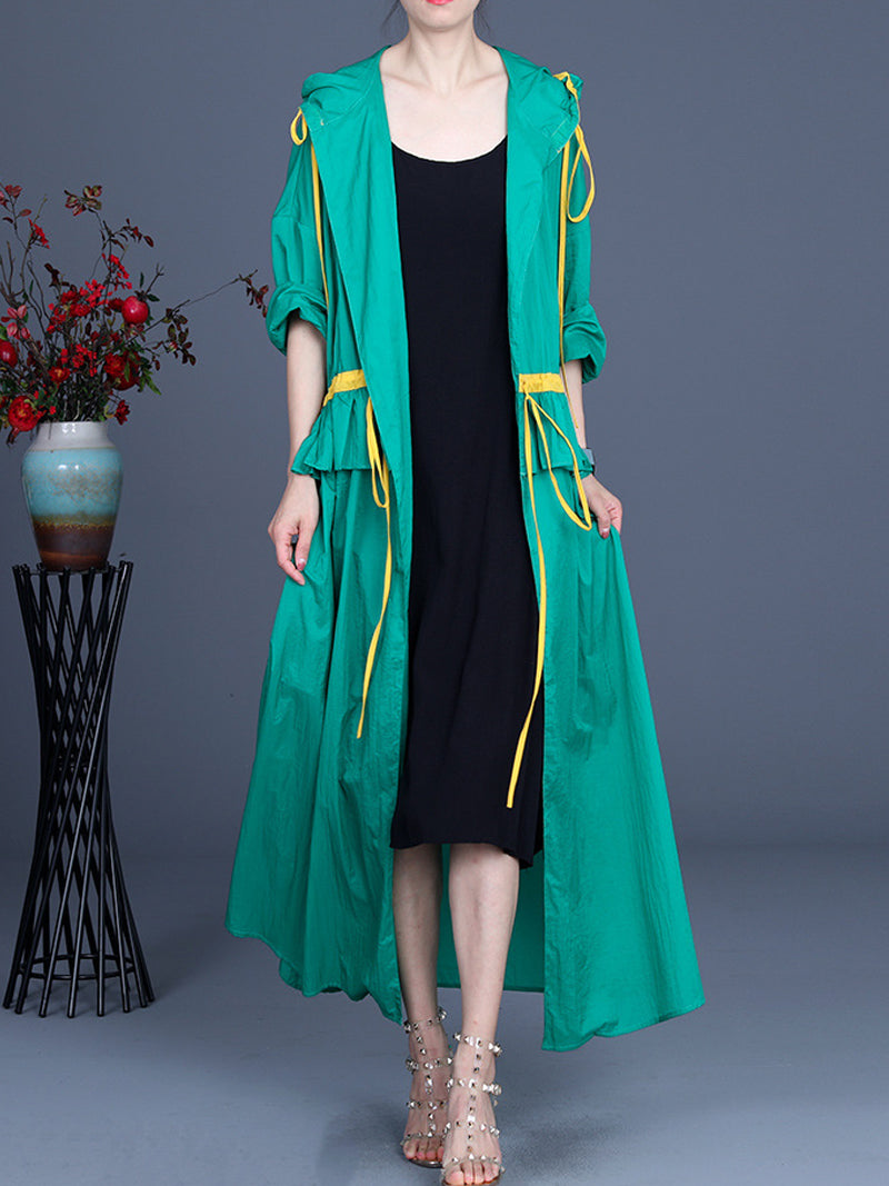 Hooded Drawstring Ruffle Pocket Open Front Long Duster Coat 7