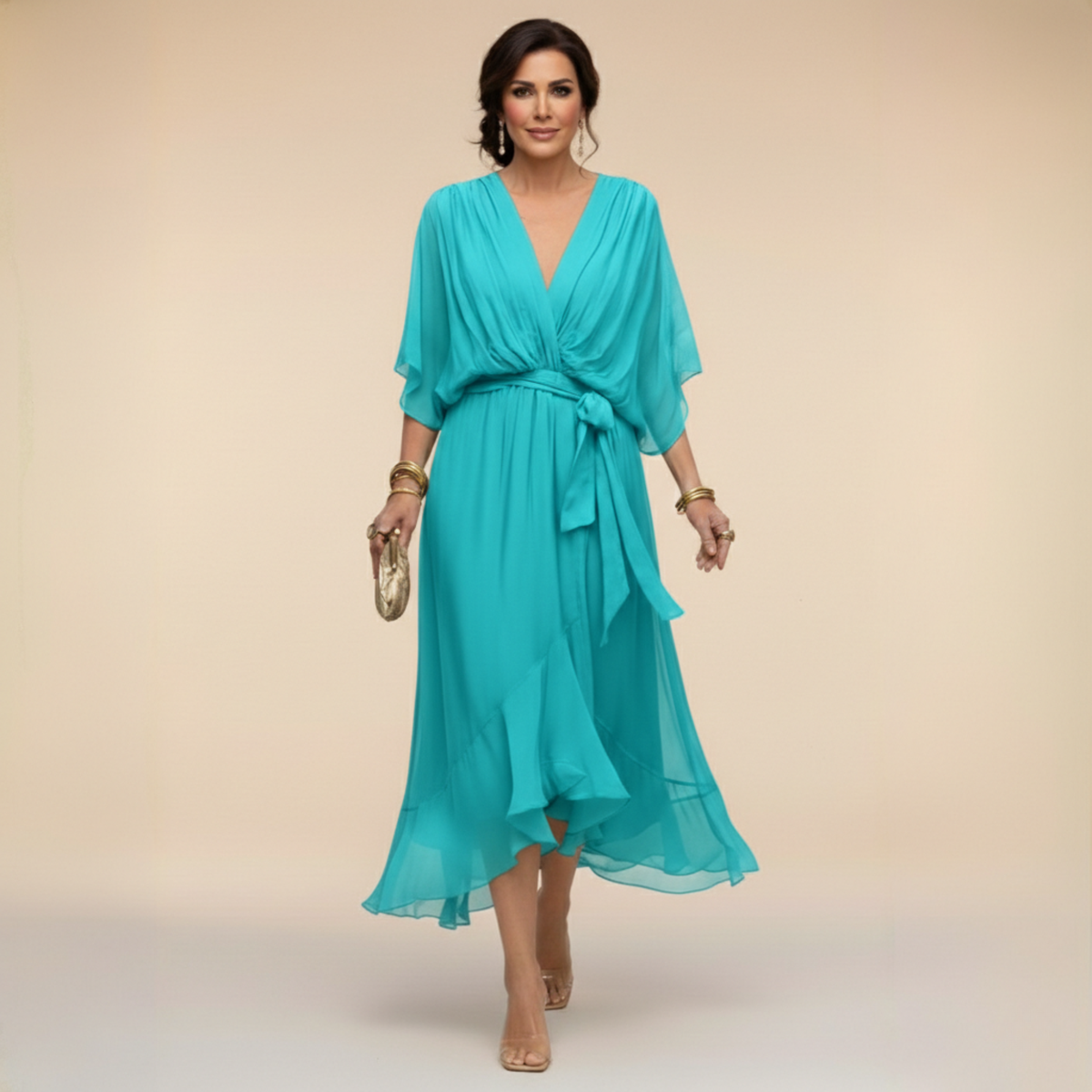 V-Neck Chiffon Batwing Sleeve Tie Waist Ruffle Hem Midi Dress