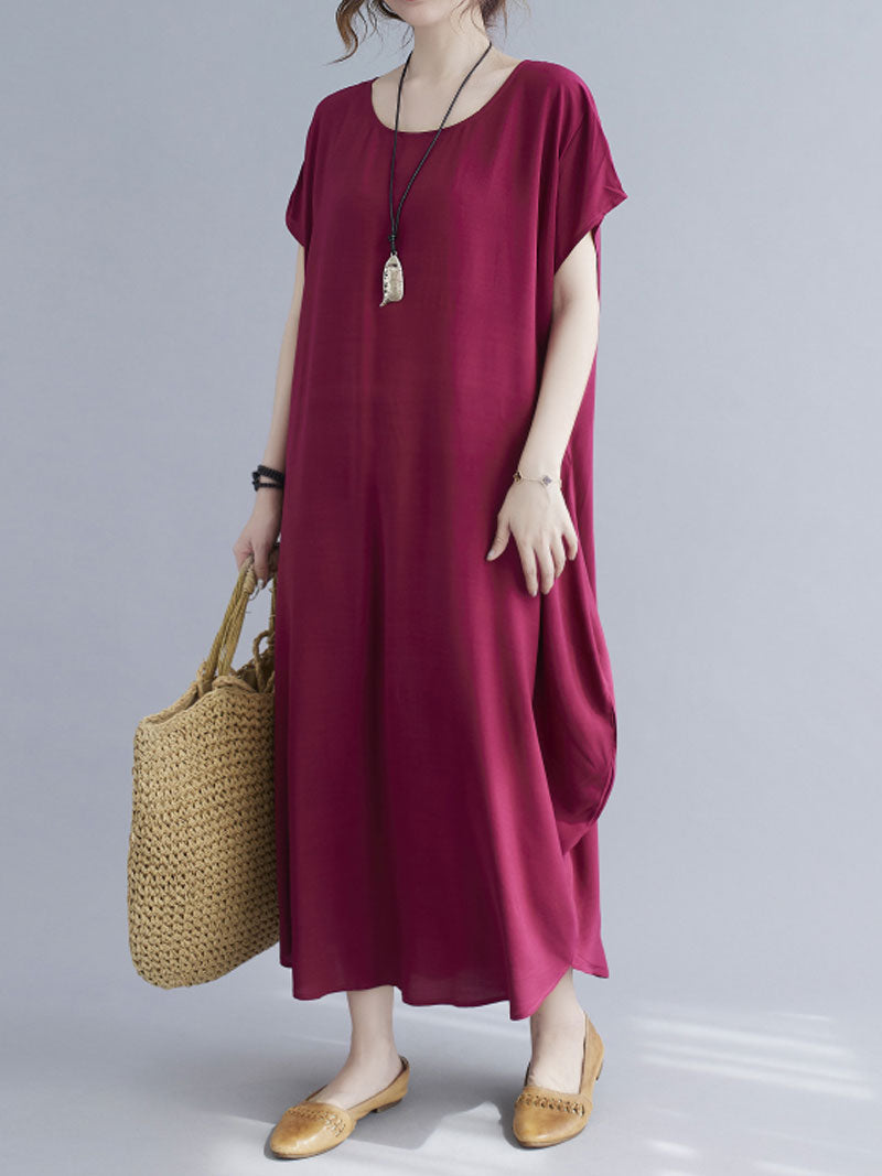 Round Neck Short Sleeve Loose Cocoon Maxi Dress 25