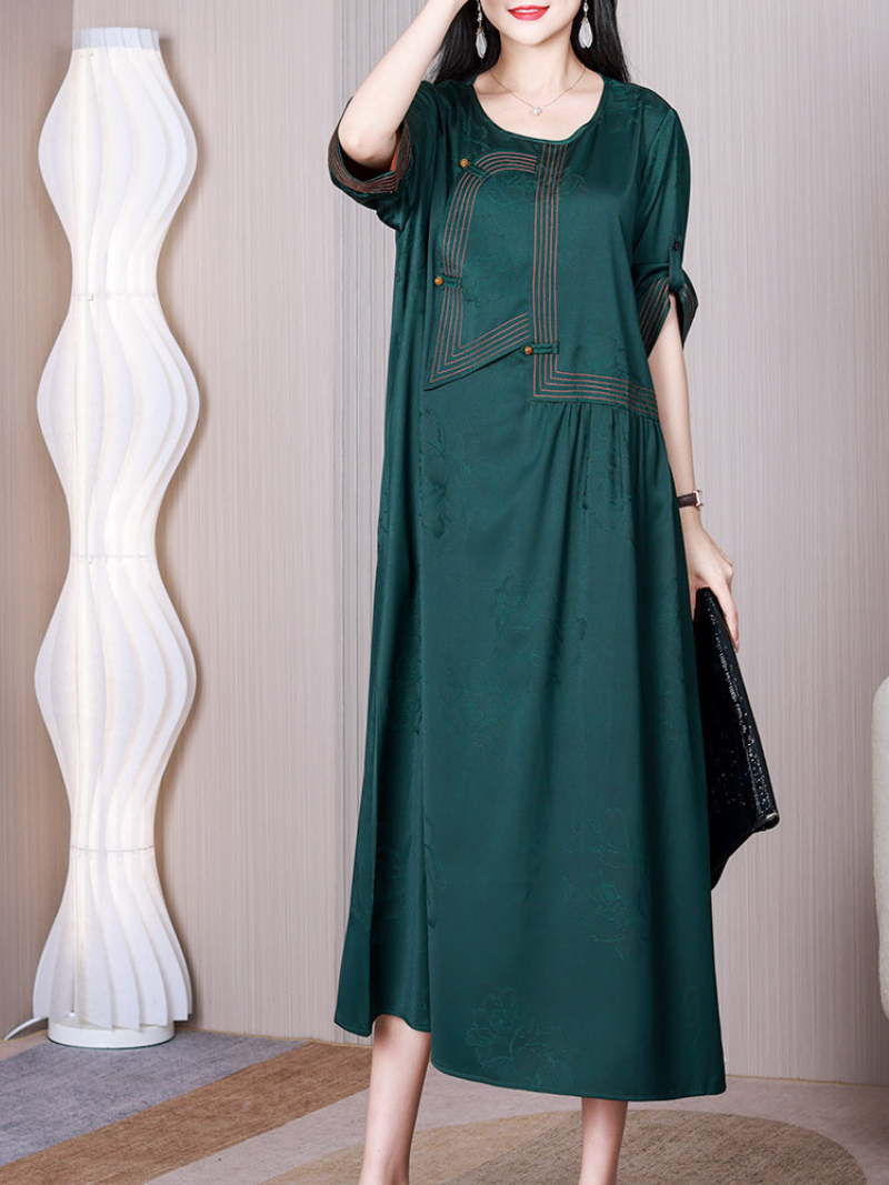 Green Round Neck Short Sleeve Jacquard Floral Paneled A-Line Midi Dress 4