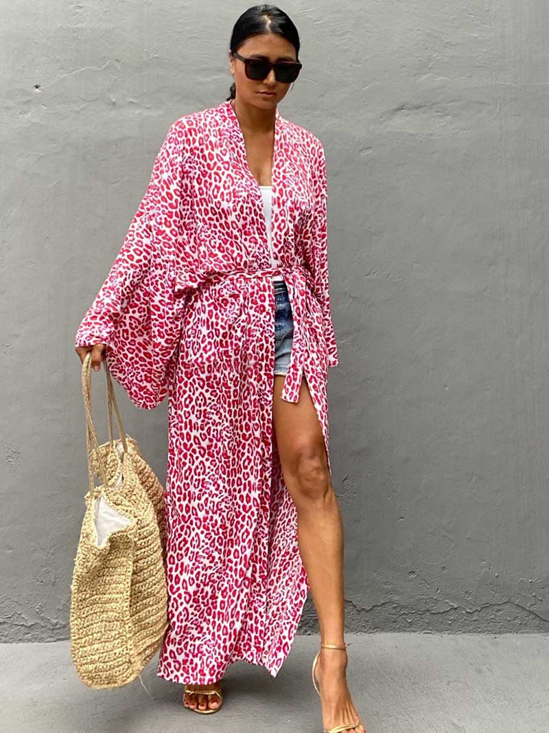 Open Front Abstract Print Belted Long Kimono Robe 13