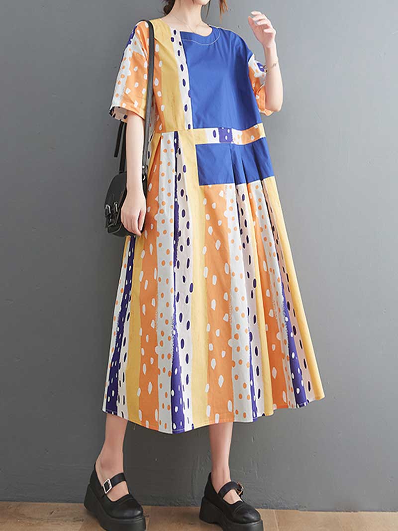 Round Neck Polka Dot Patchwork Short Sleeve Pleated A-Line Midi Dress 2