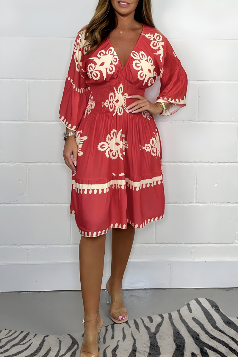 V-Neck Flare Sleeve Baroque Print Scallop Trim Tiered Midi Dress 3