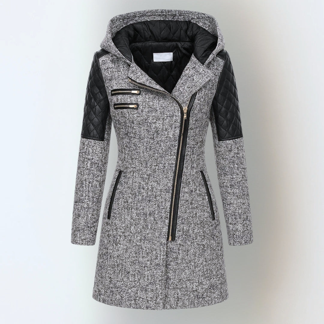 Hooded Quilted Panel Asymmetric Zip Longline Wool Coat