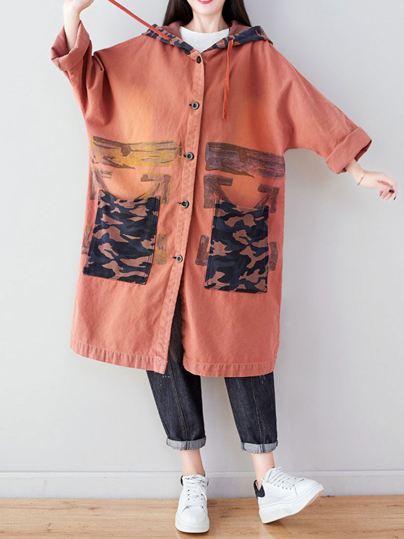 Hooded Graffiti Print Patch Pocket Long Denim Coat 3