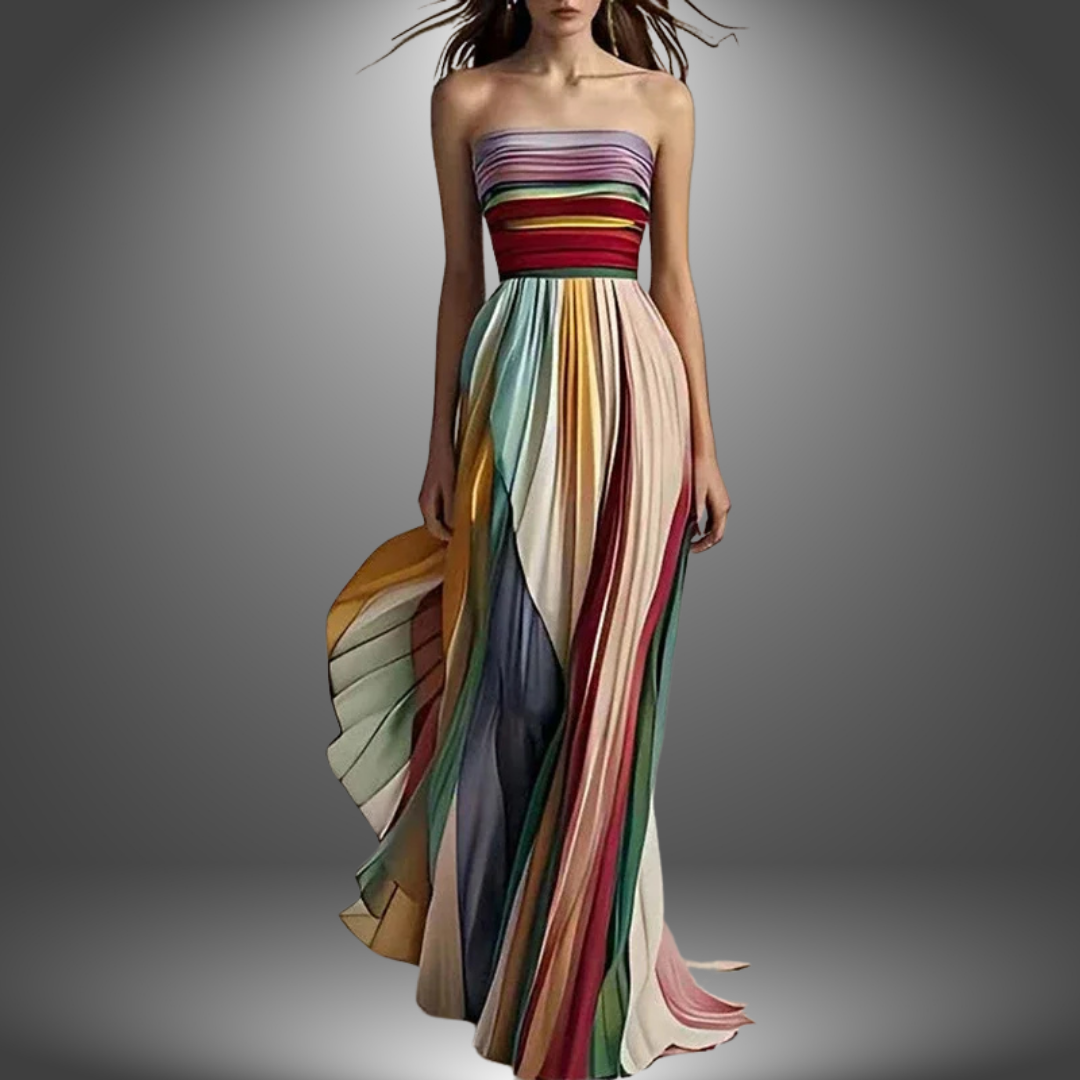 Strapless Striped Print Pleated Flowy A-Line Maxi Dress