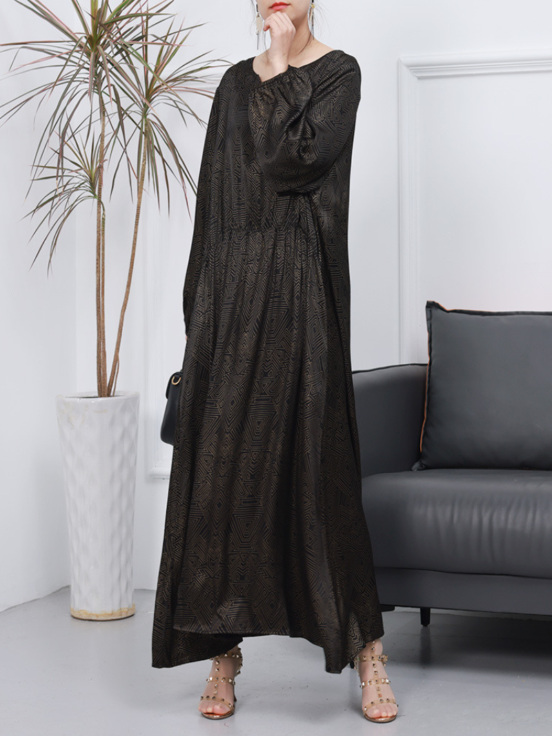 Split Neck Long Sleeve Jacquard Satin A-Line Maxi Dress