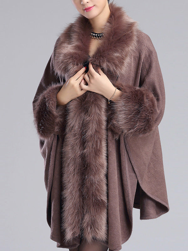 Faux Fur Trim Open Front Batwing Knit Cape Cardigan 8