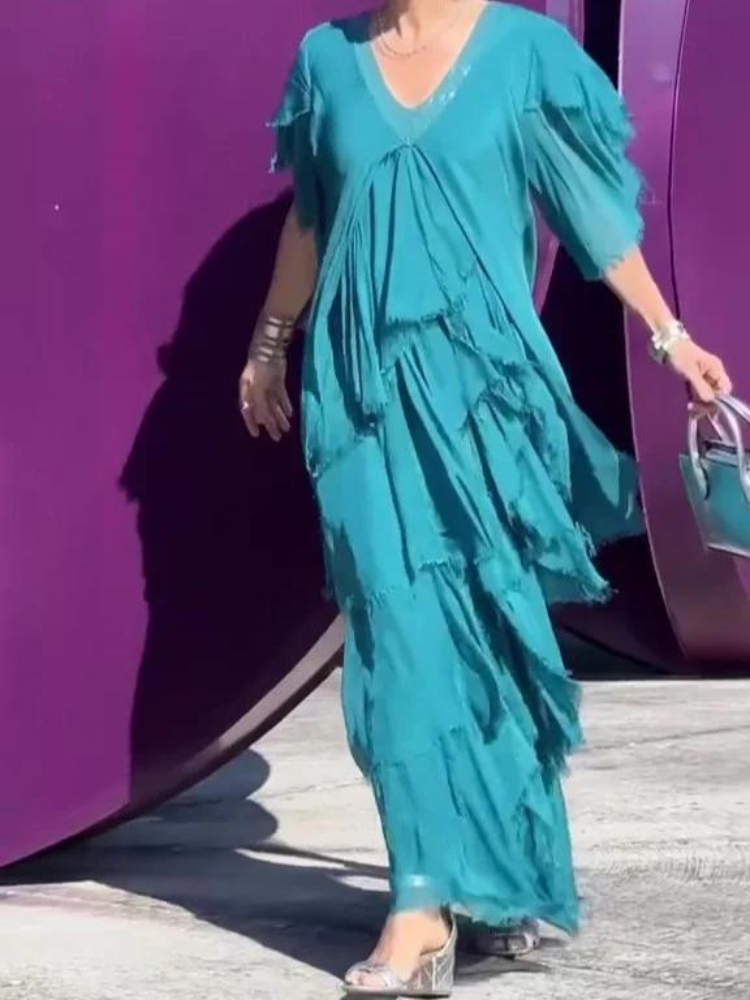 V-Neck Sequin Trim Flutter Sleeve Tiered Ruffle Chiffon Maxi Dress 13