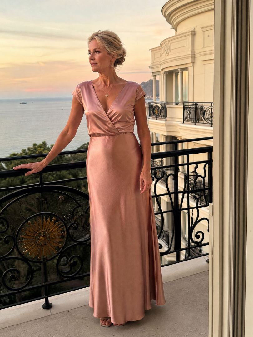 V-Neck Cap Sleeve Satin Wrap Bodice Bias Maxi Gown 4