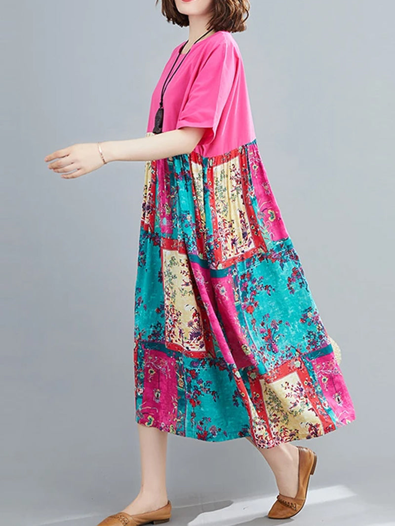 Round Neck Short Sleeve Floral Patchwork Print Smock Midi Dress 6